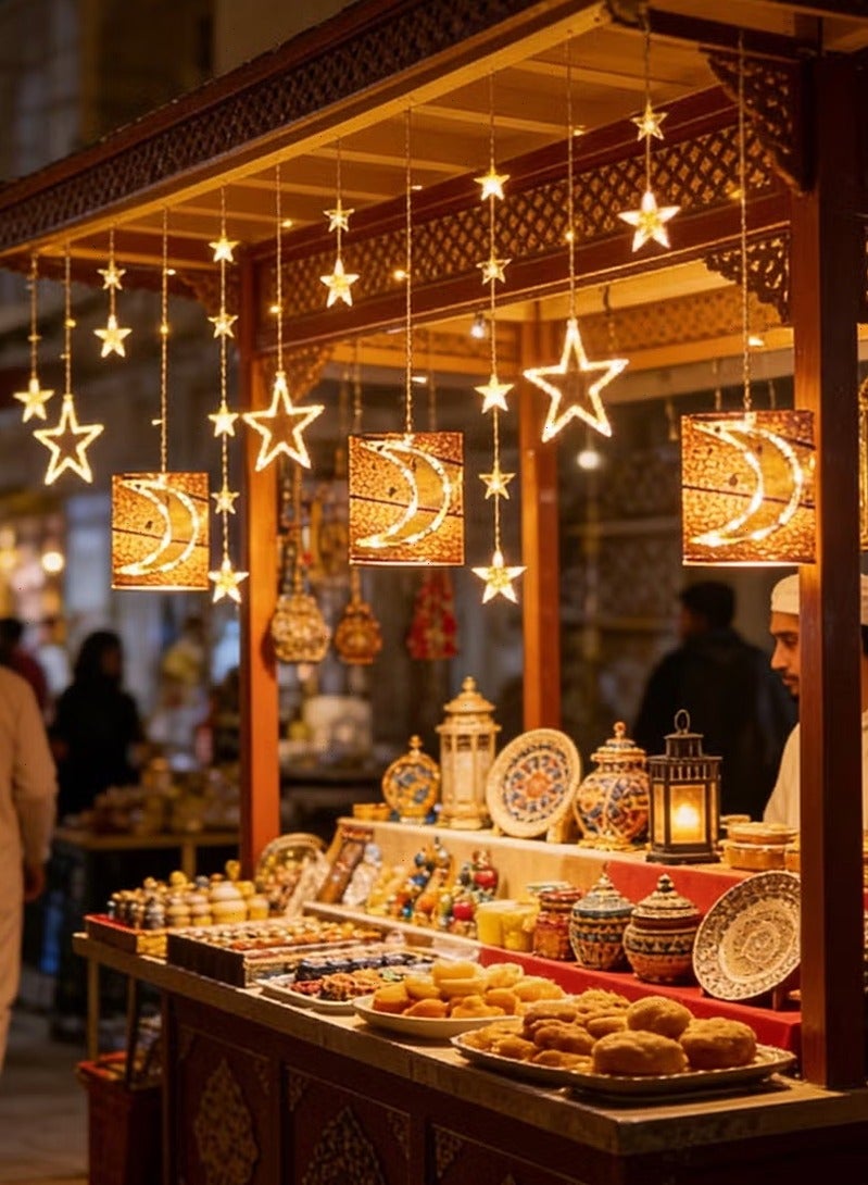 توبيتش زينة رمضان LED - أضواء رمضان بتحكم عن بعد، سلسلة أضواء بيضاء دافئة على شكل نجوم وقمر مع علبة بطاريات - Image 4